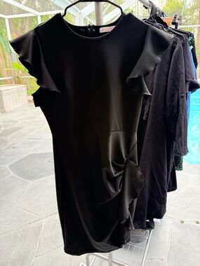 Black Ruffle Sleeve Bodycon Dress XL Ruched Side Stretch Work Office Date Night